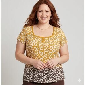 Villager Woman Ombre Top Womens Size 3X Mustard Square Neck Knit Henley Tee